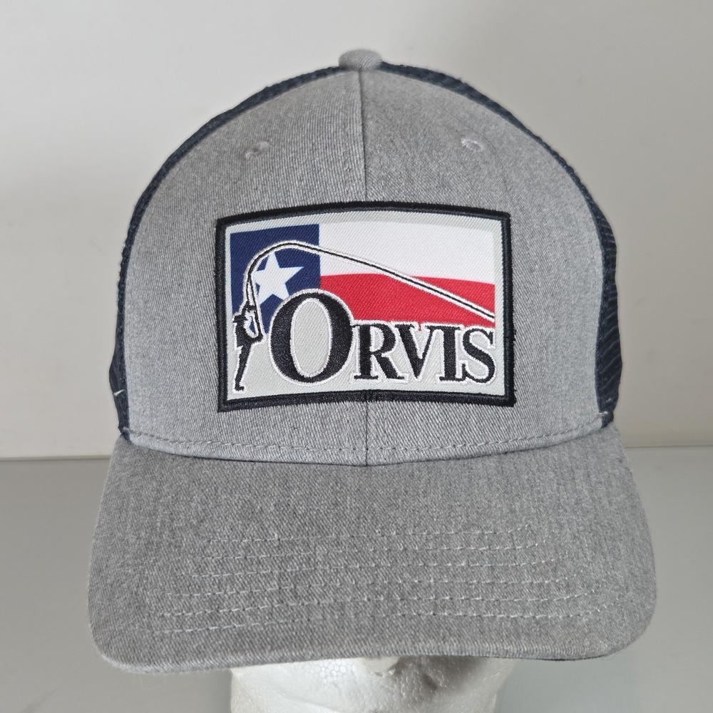 Orvis Mesh Adjustable Trucker Hat Gray Navy Fishing Embroidered Logo Snapback